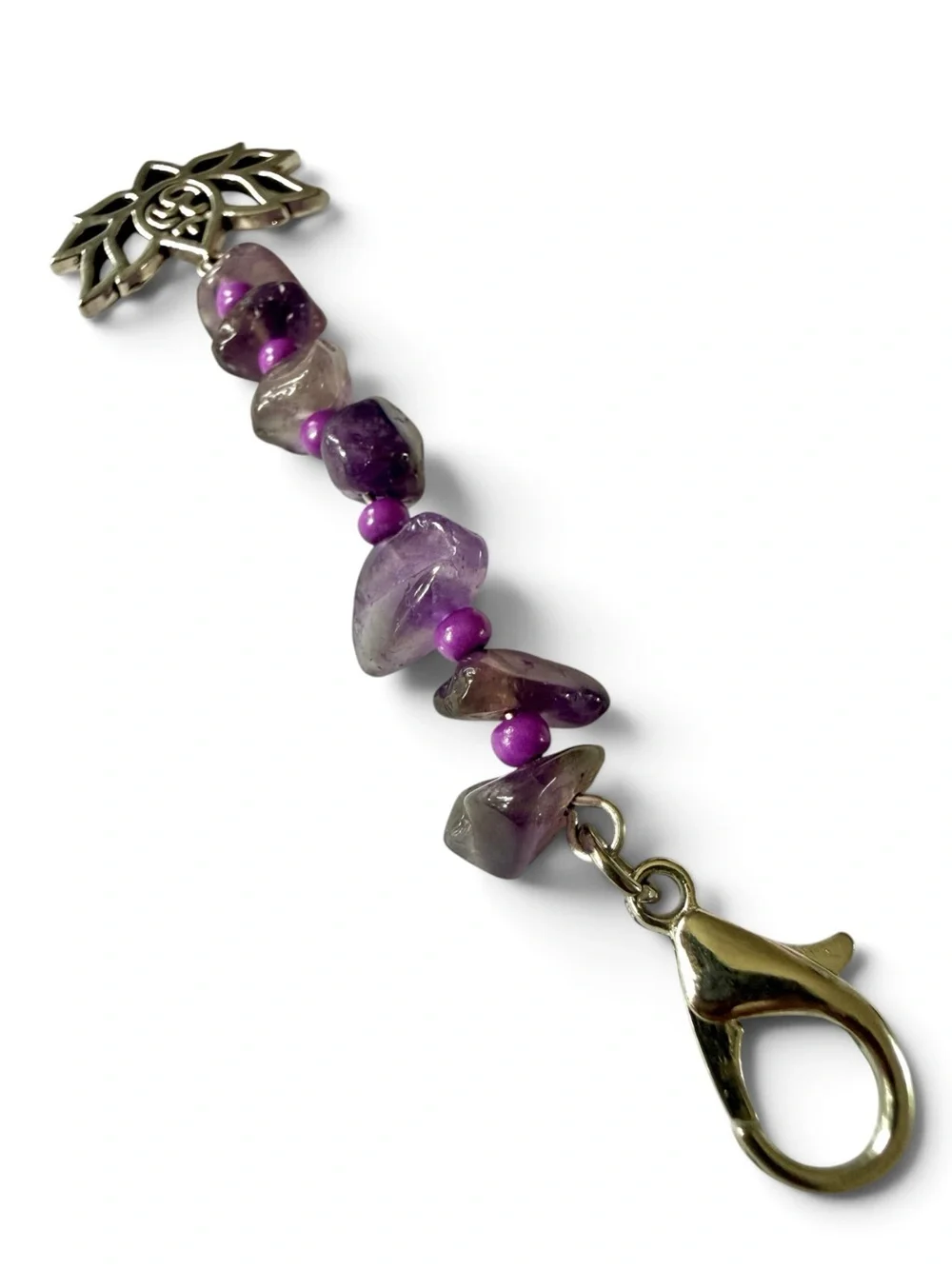 Handmade Amethyst Keychain/Bag Charm with Silver‑Tone Lotus & Om Symbol